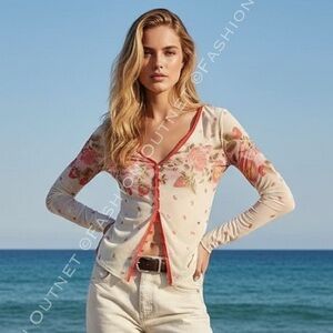 FREE PEOPLE Home Grown Mesh Cardigan - Cream Combo XL Coquette Whimsical